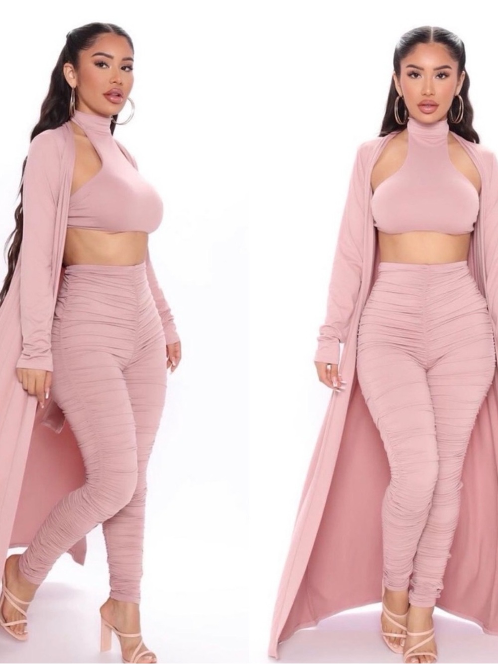 FASHION NOVA 3-Piece BLACK Ruched Set - Crop Top, Leggings & Duster